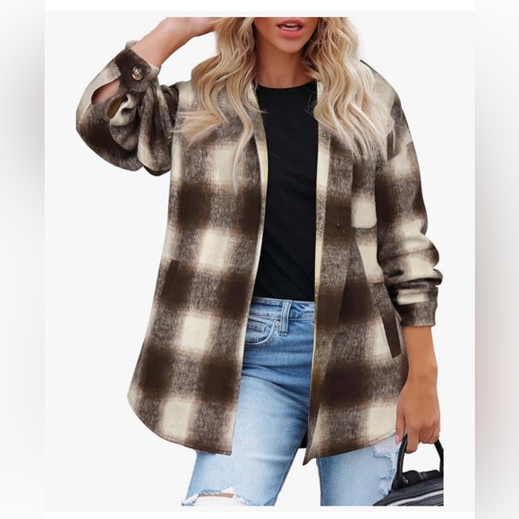Amazon Jackets & Blazers - NWT BLACK/WHITE/BROWN MULTI COLOR FLANNEL SHACKET JACKET-S
